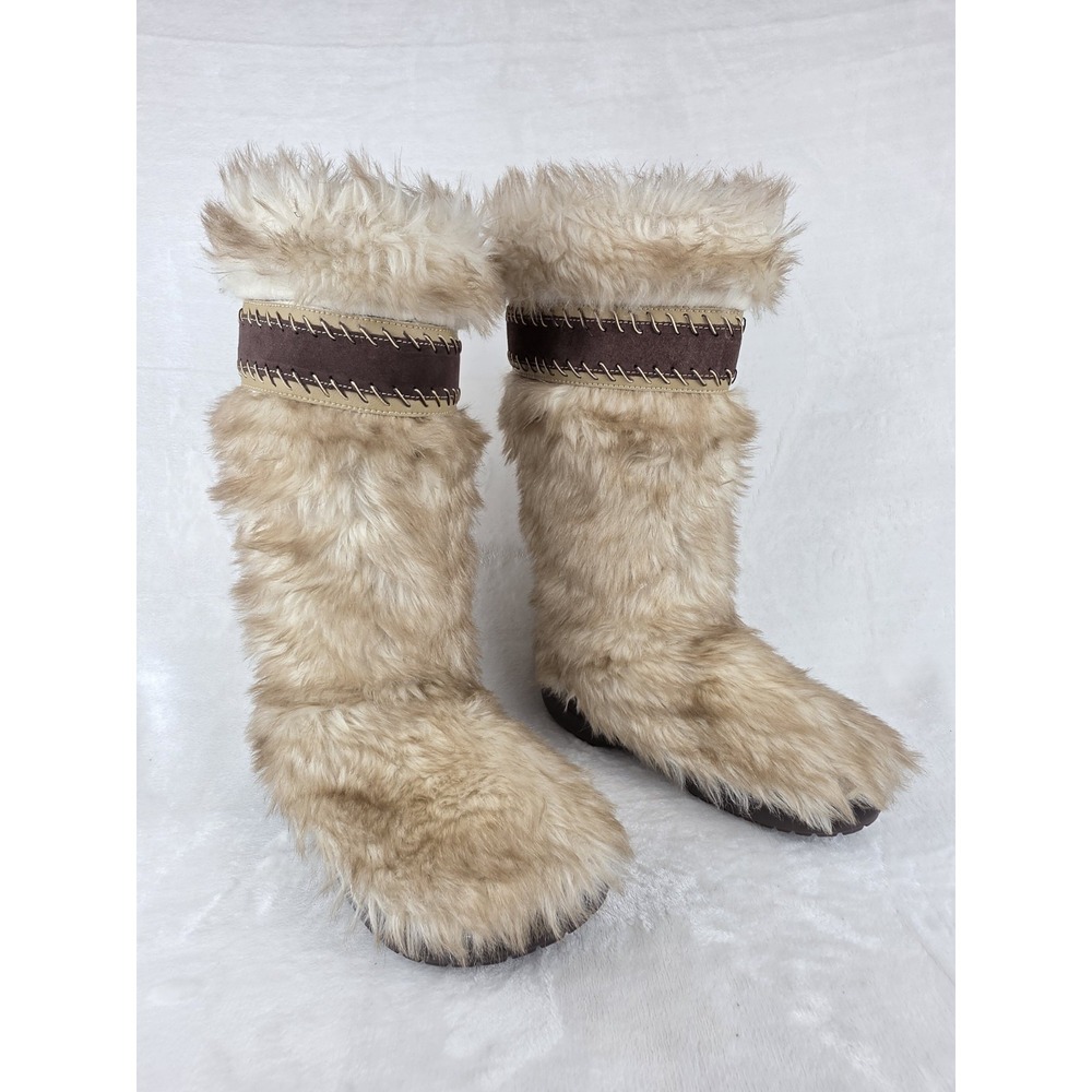 Crocs Tall Faux Fur Winter Boots Womens 7 Tan Fuzzy Yeti Style - Picture 5 of 9